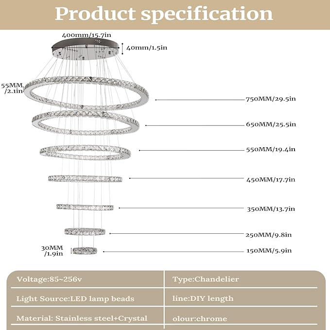 Finktonglan 7-Ring Crystal LED Chandelier, Cool White 6000K Modern Pendant, Adjustable Height up to 118", K9 Stainless Rings (Ø5.9–29.5"), Non-Dimmable Foyer Stair Ceiling Light