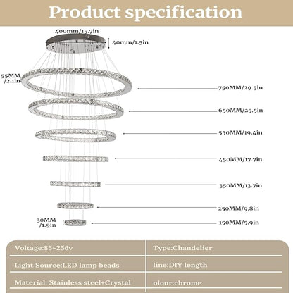 Finktonglan 7-Ring Crystal LED Chandelier, Cool White 6000K Modern Pendant, Adjustable Height up to 118", K9 Stainless Rings (Ø5.9–29.5"), Non-Dimmable Foyer Stair Ceiling Light