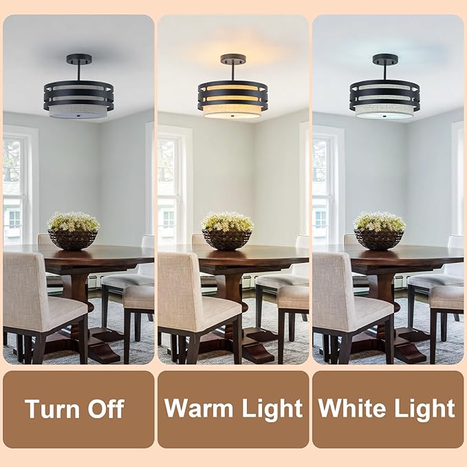 12.6” Drum Light Fixture Black Semi Flush Mount Ceiling Lights 3-Light Linen Boho Light Fixture Close to Ceiling Lighting for Bedroom Hallway Kitchen Entryway Foyer Dining Room Laundry Room