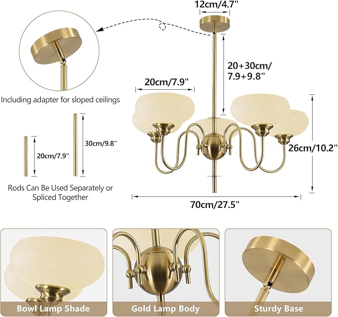 BOKT Modern Chandelier for Living Room, Mid Century Gold Chandelier for Dining Room, Vintage Milk Glass Globe Chandeliers for Different Ceilings