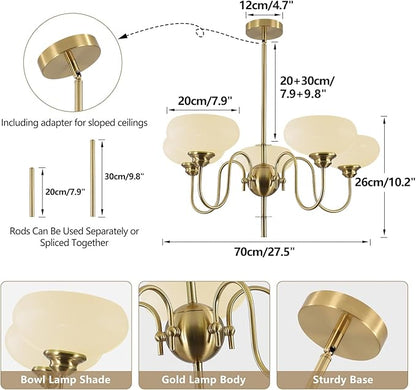 BOKT Modern Chandelier for Living Room, Mid Century Gold Chandelier for Dining Room, Vintage Milk Glass Globe Chandeliers for Different Ceilings
