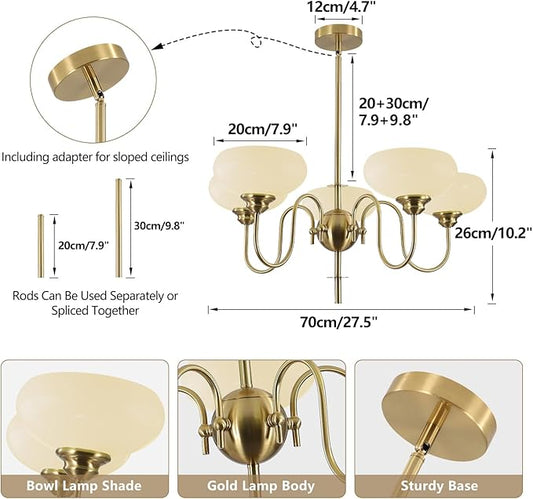 BOKT Modern Chandelier for Living Room, Mid Century Gold Chandelier for Dining Room, Vintage Milk Glass Globe Chandeliers for Different Ceilings