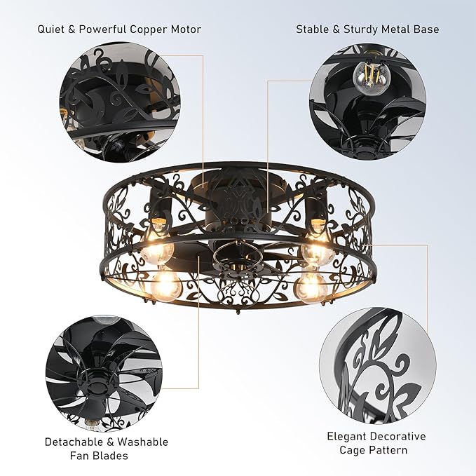 Garwarm Caged Ceiling Fan with Light,20" Ceiling Fans with Lights and Remote,Flush Mount Bladeless Fandelier,Small Low Profile Ceiling Fan for Bedroom,Kitchen,Dining Room,Black