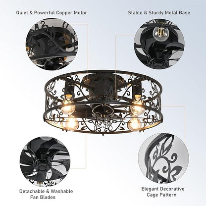 Garwarm Caged Ceiling Fan with Light,20" Ceiling Fans with Lights and Remote,Flush Mount Bladeless Fandelier,Small Low Profile Ceiling Fan for Bedroom,Kitchen,Dining Room,Black