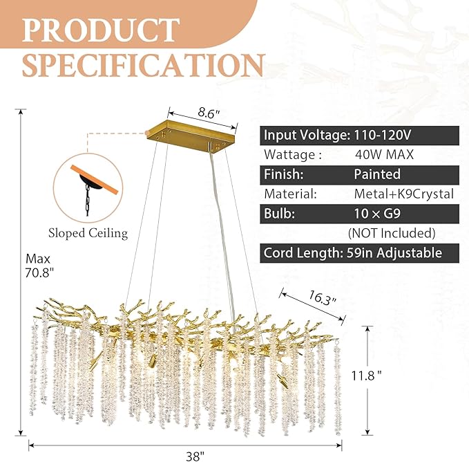 Benkut Modern Tree Branch Crystal Chandelier Luxury Gold Raindrop Pendant Lighting 38" Contemporary 10-Light Chandeliers for Dining Room Kitchen Bedroom Living Room