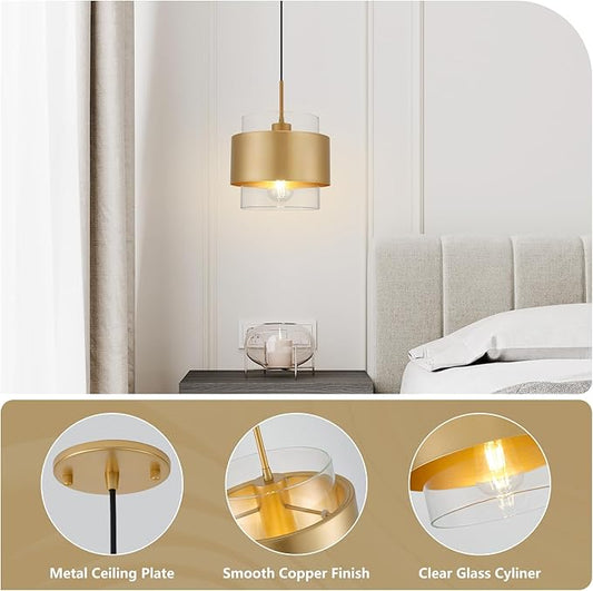 9.8" Gold Pendant Lights Kitchen Island, Farmhouse Pendant Lighting with Clear Glass Shade, Industrial Hanging Pendant Lights Fixture for Kitchen Island Dining Room Hallway