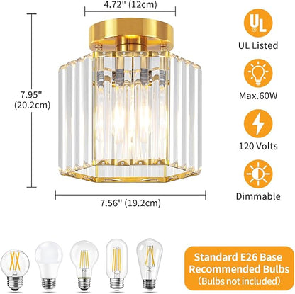 TOULMJ 2 Pack Brushed Gold Ceiling Lights, Modern Crystal Semi Flush Mount Kitchen Ceiling Lighting Fixtures Hallway Ceiling Lamp for Bathroom Bedroom Laundry Room Entryway Foyer Lighting