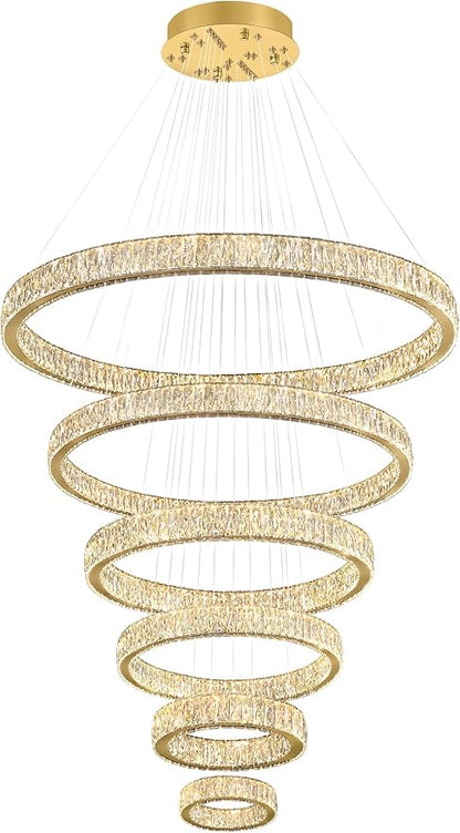 Extra Large Ring Chandelier Modern LED Gold 6 Ring Chandelier for High Ceiling Long Stair Crystal Chandeliers D8+15.7"+23.6"+31.5"+39.4"+47.5"