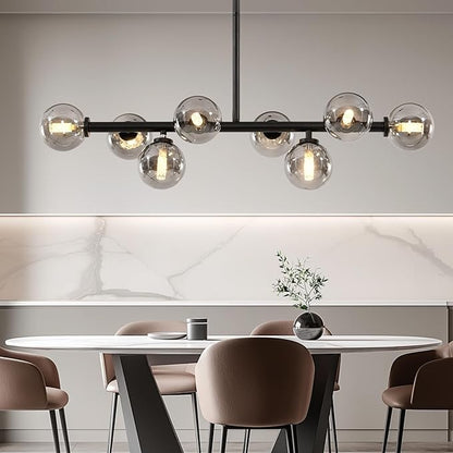 Grey Linear Chandelier, Modern Sputnik Ceiling Fixture with Adjustable Height & Dimmable Glass Shades for Dining Room, Office, Mid-Century Design