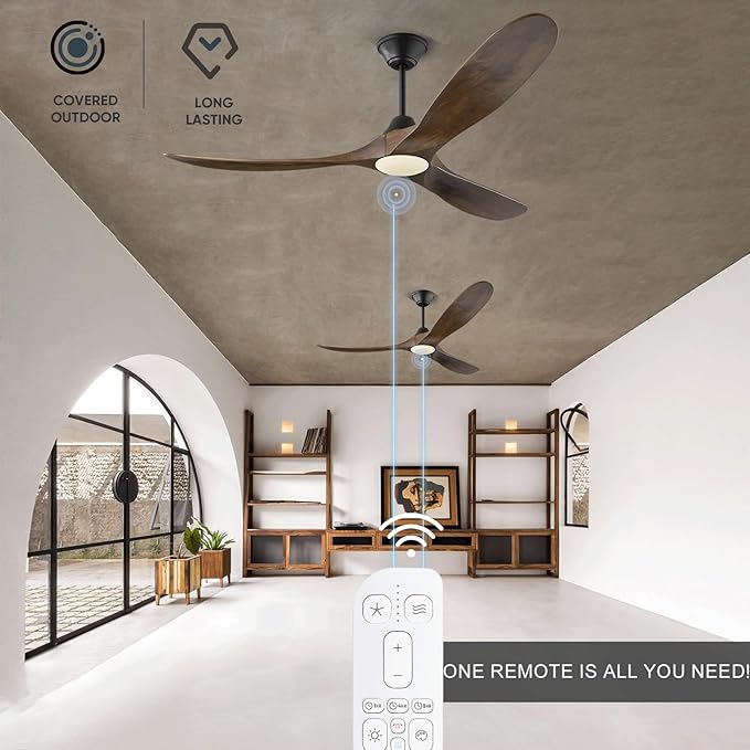 60 Inch Ceiling Fans with Lights, Outdoor Ceiling Fans for Patios with Light Damp Rated, 3 Blades Wood DC Ceiling Fan Modern Large Airflow Commercial Ceiling Fan with Remote & APP for Exterior Indoor