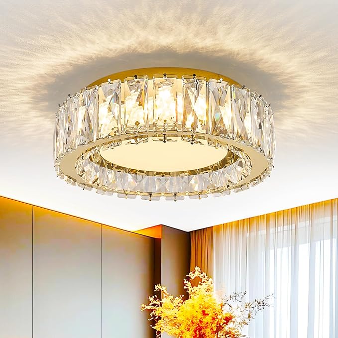 Crystal Dimmable Flush Mount Ceiling Light, Glod Modern LED Close to Ceiling Light Fixture with 5CCT 2700K-6000K, Round Kitchen Lighting for Bedroom, Laundry Room, Hallway, Bathroom (11in 24W)