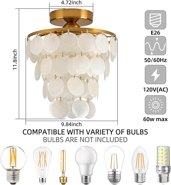 11.8" Capiz Shell Chandelier for Bedroom Ceiling Light Fixture with 4 Tier Shell Modern Gold Semi Flush Mount Ceiling Lights Chandeliers for Entryway,(More Additional Shell Parts Included) Gold