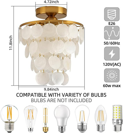 11.8" Capiz Shell Chandelier for Bedroom Ceiling Light Fixture with 4 Tier Shell Modern Gold Semi Flush Mount Ceiling Lights Chandeliers for Entryway,(More Additional Shell Parts Included) Gold