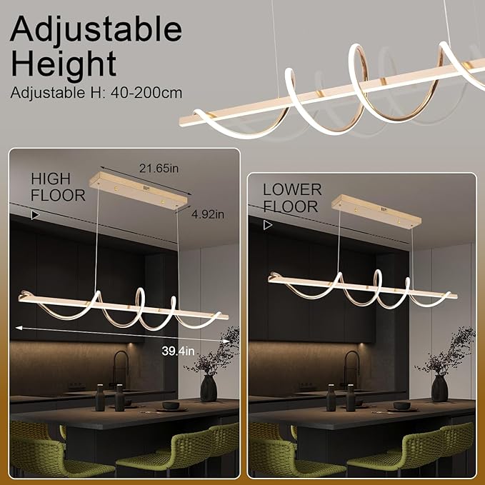 Led Pendant Light for Kitchen Island Lighting Dimmable 39.73" Twist Design Modern Led Chandelier 3000K-6500K