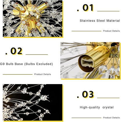 Qamra Modern Gold Crystal Chandeliers, Firework Dandelion Sputnik Chandelier Light Fixture Pendant Lighting for Living Room, Dining Room, Bedroom, Kitchen(8-Light, Gold)