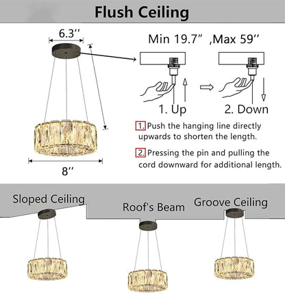 HAIXIANG Modern Crystal Chandelier Dimmable LED 8 Inch Ring Pendant Lights Adjustable Glam Chandeliers Lighting Fixtures for Dining Room Living Room Bedroom Black Light