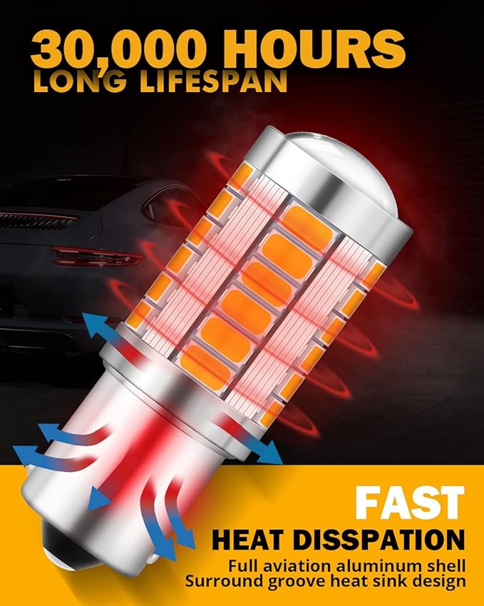 Auxbeam 1156 Turn Signal Bulbs, Super Bright Amber Yellow P21W BA15S Bulbs for Turn Signal Light, 12V-3030 SMD Chipsets Bulb with Projector, Pack of 2 (May Need Resistors)