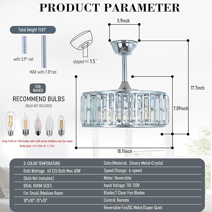 18.2" Silver Crystal Caged Ceiling Fan with Light 4-Lights Modern Flush Mount Fandelier Lights Remote Chrome Crystal Chandelier Ceiling Fan for Bedroom Living Room Dining Room Entry Loft Hallway