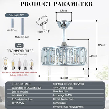 18.2" Silver Crystal Caged Ceiling Fan with Light 4-Lights Modern Flush Mount Fandelier Lights Remote Chrome Crystal Chandelier Ceiling Fan for Bedroom Living Room Dining Room Entry Loft Hallway
