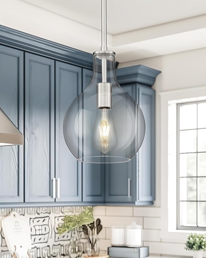 Emak 8 Inch Brushed Nickel Pendant Light, Modern Glass Pendant Lights Kitchen Island, 2 Pack Hanging Lights for Kitchen, Bathroom, Bedroom, Dining Room, PL125-BN-2PK