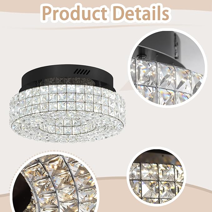 ykolupty 16" Crystal Chandeliers,Round Chandelier for Living Room Modern Crystal Ceiling Light Fixture for Foyer Bedrooms Dining Room Hallway Black