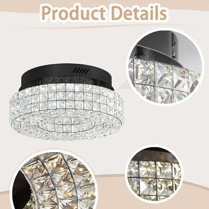 ykolupty 16" Crystal Chandeliers,Round Chandelier for Living Room Modern Crystal Ceiling Light Fixture for Foyer Bedrooms Dining Room Hallway Black