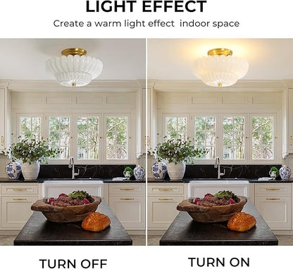 Semi Flush Mount Ceiling Light Fixture Vinatge Gold Ceiling Lights Mid Century Modern Milk White Glass Close to Ceiling Lighting Fixtures for Bedroom Hallway Foyer Bathroom Kitchen Laundry Room