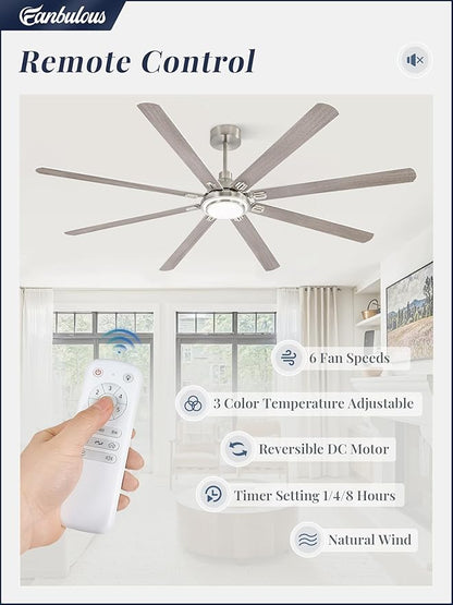 Fanbulous 84 Inch Ceiling Fans with Lights and Remote, Brushed Nickel Ceiling Fan with 8 Dual-Color Blades, Indoor/Outdoor Large Ceiling Fans, Reversible DC Motor, 6-Speed, 3CCT for Living Porch Patio