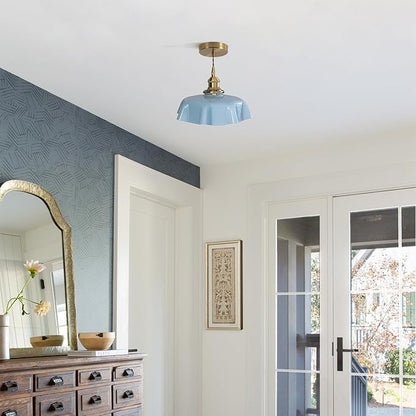 Gold Pendant Light with Vintage Glass Pendant Lampshade,Adjustable Height,E26 Base,Kitchen Dining Room Restaurant,Color Blue
