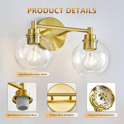 Gold Bathroom Vanity Lights, 2-Light Wall Sconce with Glass Globe Shade, Vanity Lighting for Bathroom/Bedroom/Dressing Room, Vertical/Horizontal Mounted, E26 Bulb Base (Bulb Not Included)