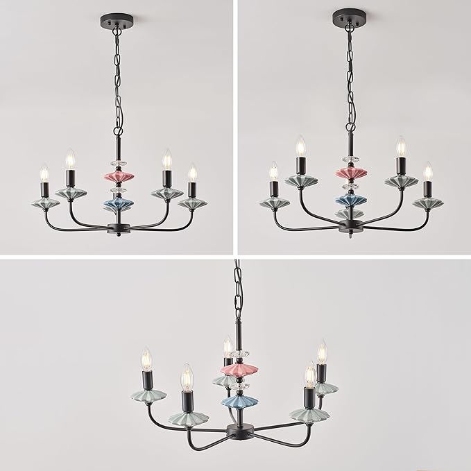 Black Chandeliers for Dining Room Light Fixture Over Table,5-Light Art Deco Chandelier, Modern Retro Candle Chandelier with Ceramic,Farmhouse Chandelier for Girls Bedroom，Living Room，Foyer