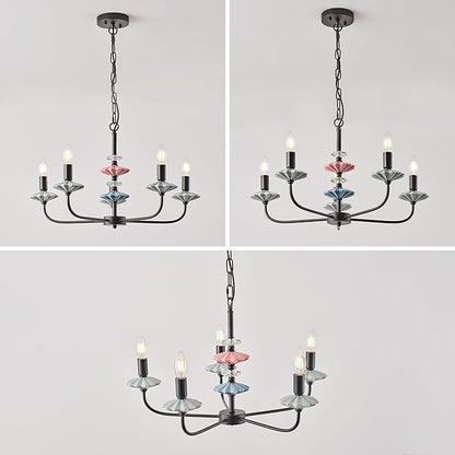 Black Chandeliers for Dining Room Light Fixture Over Table,5-Light Art Deco Chandelier, Modern Retro Candle Chandelier with Ceramic,Farmhouse Chandelier for Girls Bedroom，Living Room，Foyer