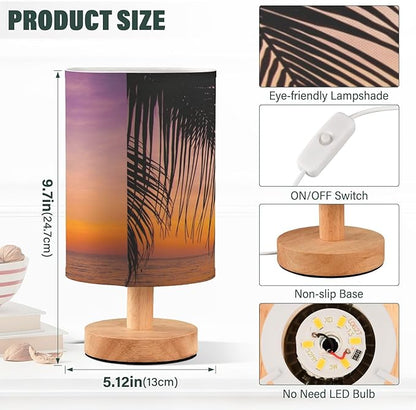 Table Lamp Sunset Ocean Palm Tree Tropical Summer Nightstand Lamp with Wood Base Fabric Lamp Shade Bedside Desk Lamp for Living Room Bedroom Kids Room Office