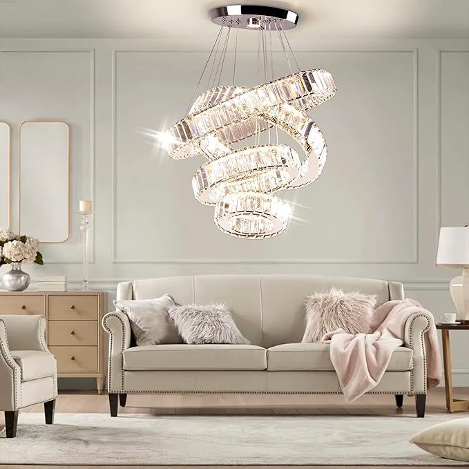 Modern Crystal Chandeliers 4 Ring LED Crystal Pendant Light DIY Adjustable High Chandelier for Dining Room Living Room Bedroom 3 Color Changeable