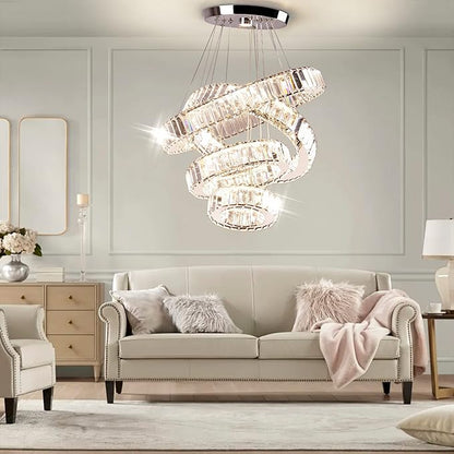 Modern Crystal Chandeliers 4 Ring LED Crystal Pendant Light DIY Adjustable High Chandelier for Dining Room Living Room Bedroom 3 Color Changeable