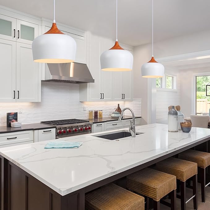 Modern Pendant Light Fxtures Kitchen, Hanging Light Fixtures Ceiling Mount, Wood Metal Shade Pendant Lamp for Dining Room, Bedroom, Living Room, Bathroom, Entryway, Small Chandelier, White