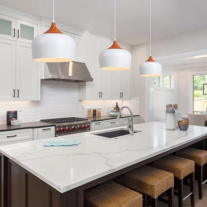 Modern Pendant Light Fxtures Kitchen, Hanging Light Fixtures Ceiling Mount, Wood Metal Shade Pendant Lamp for Dining Room, Bedroom, Living Room, Bathroom, Entryway, Small Chandelier, White