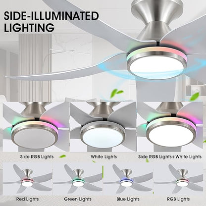 46" Ceiling Fans with Lights Remote/APP Control, Low Profile Ceiling Fans with Dimmable White Colors+Ring RGB Lights, 6 Speeds 5 Reversible Curved Blades for Kids Room Bedroom Living Room Bar, Nickel