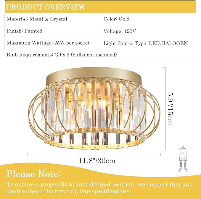 3-Light Modern Crystal Chandelier Gold Flush Mount Ceiling Light Fixtures for Hallway Foyer Bedroom Kitchen Dining Room Living Room, Metal Indoor ‎Close to Ceiling Lamp