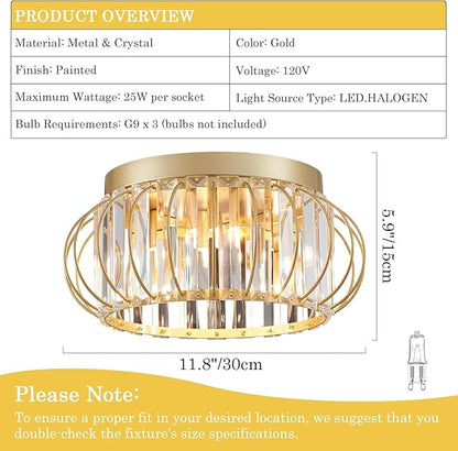 3-Light Modern Crystal Chandelier Gold Flush Mount Ceiling Light Fixtures for Hallway Foyer Bedroom Kitchen Dining Room Living Room, Metal Indoor ‎Close to Ceiling Lamp