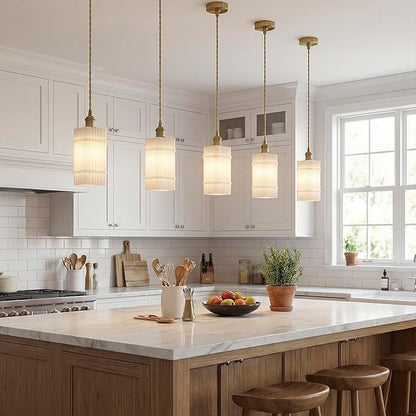 3Pack Milk Glass Striped Kitchen Island Pendant Lights, Vintage Dining Room Light Fixture - Adjustable Hanging Light Set for Dining Room, Bedside, Vanity Area, Hallway & Entryway