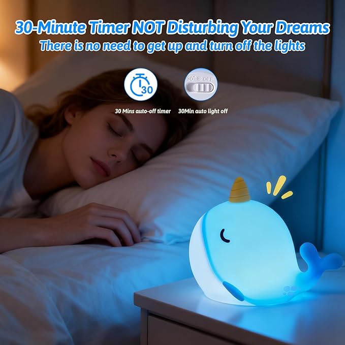 Cute Narwhal Night Light Lamp, 7 Colors Touchable Squishy LED Light, USB Rechargeable Silicone Nursery Whale Night Lamp for Room Decor Birthday Gift for Toddler Women Adult