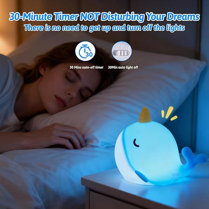 Cute Narwhal Night Light Lamp, 7 Colors Touchable Squishy LED Light, USB Rechargeable Silicone Nursery Whale Night Lamp for Room Decor Birthday Gift for Toddler Women Adult