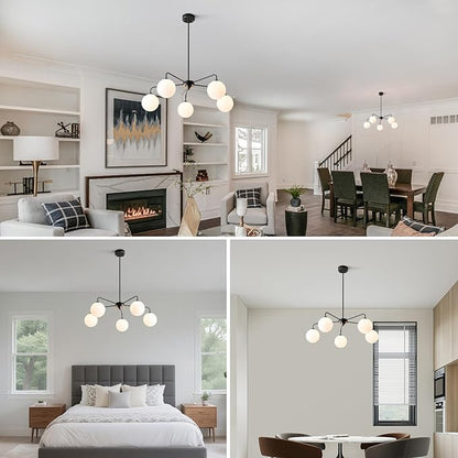 5 Light Mid Century Sputnik Chandelier with White Frosted Globe Glass Shade Pendant Lighting Fixture Living Room Large Pendant Lamp for Bedroom Kitchen Island