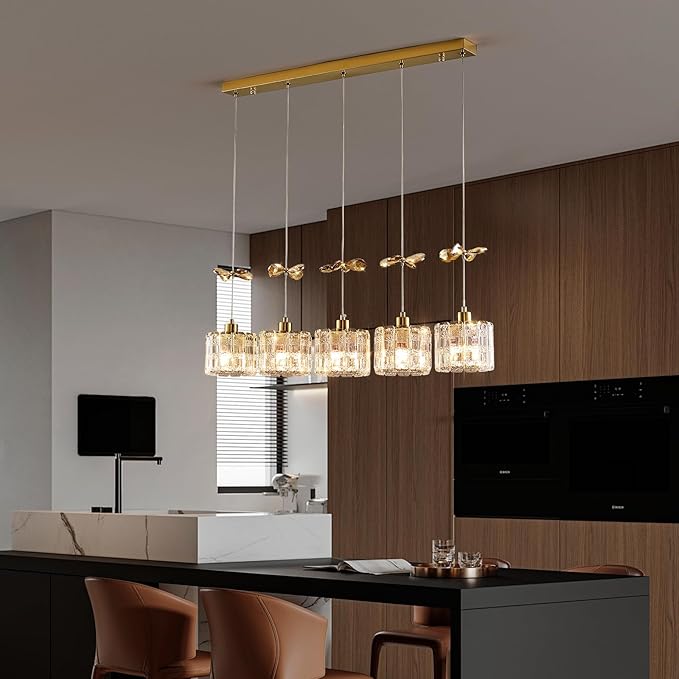 BADUO Island Lights for Kitchen, 5-Light Kitchen Island Lighting with Adjustable Rods, Luxury Gold Crystal Pendant Lighting Hanging, Modern Linear Chandelier for Dinning Room Light Fixture