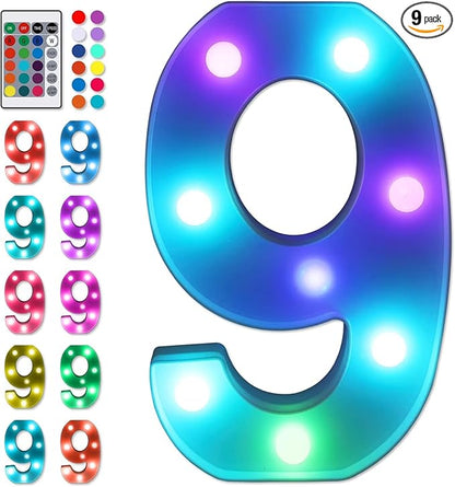 Foaky Colorful LED Number Lights with Remote, Marquee Light Up Number Sign for Night Light Wedding/Birthday Party Battery Powered Christmas Lamp Home Bar Decoration (9)