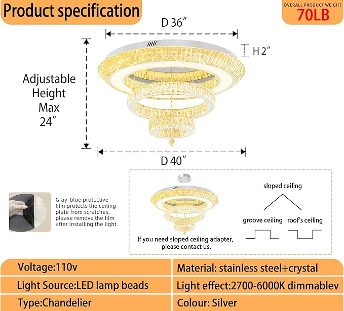 Modern Large Ring Crystal Chandelier Modern Luxury Chrome Crystal Ceiling Lights Fixture for Dining Living Room D40 Inch 3-Tier Raindrop Chandeliers LED Dimmable Lighting