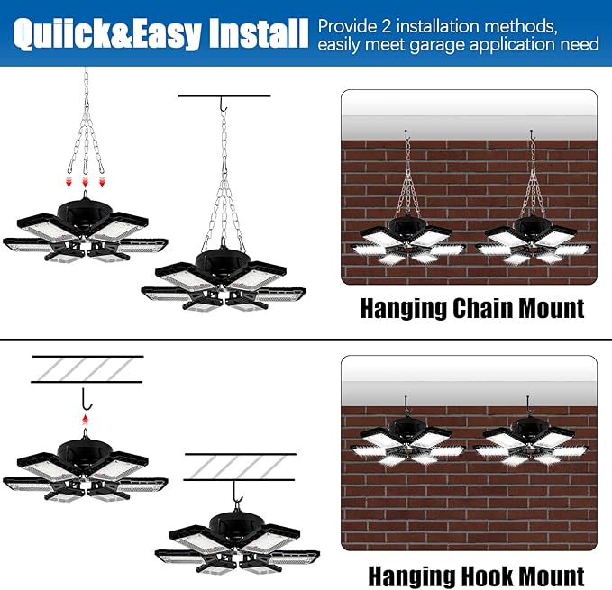 Aoretic LED Garage Lights 4 Pack -180W, 18000LM 6500K Led Shop Light with 6+1 Deformable Panels, Basement Barn Light Garages Ceiling Lights, E26/E27 for Garage, Warehouse, Shop, Basement