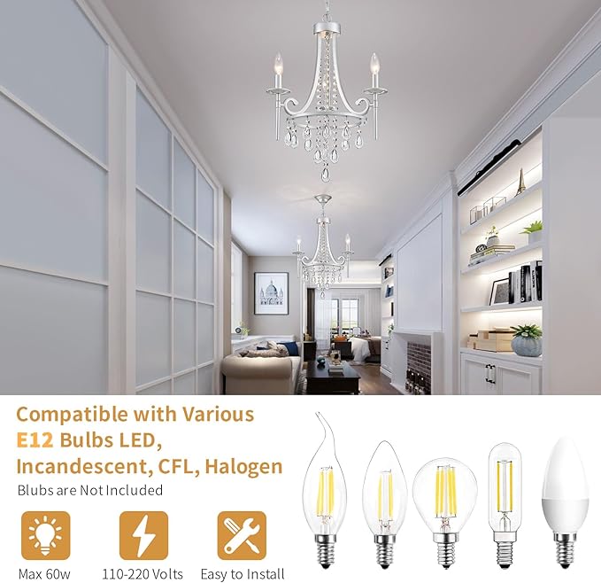 Small Crystal Chandelier, Mini Chrome Chandelier Light Fixture Wagon Wheel Crystal Hanging Pendant Light, 3-Light Modern Chandelier for Bedroom Hallway Bar Kitchen Dinning Living Room Foyer Bathroom