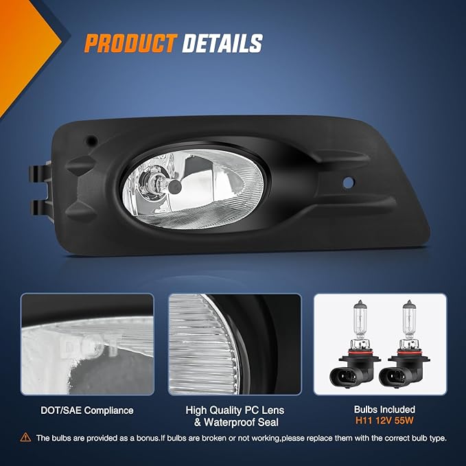 Nilight Fog Lights Assembly Compatible with 2006 2007 Honda Accord Sedan 4 Door w/H11 12V 55W Bulbs Clear Lens Driver and Passenger Side